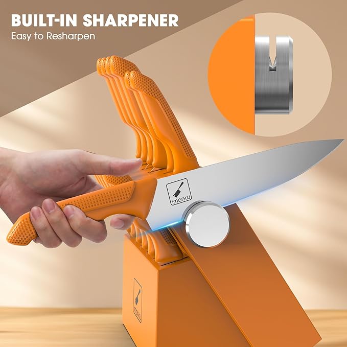 imarku® Knife Set, Sharp Block Knife Set with Built-in Sharpener, Japanese Stainless Steel with Non-Slip Ergonomic Handle, Dishwasher Safe, Kitchen Gift for Man Woman, Best For Home gift, Burnt Orange