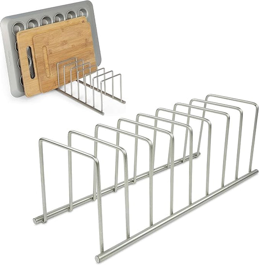 Spectrum Euro Cutting Board Holder Stand for Countertop or Inside Kitchen Cabinet Organization Satin Nickel, 8 Slot Cutting Board Drying Rack or Cabinet Plate Bakeware Storage Organizer