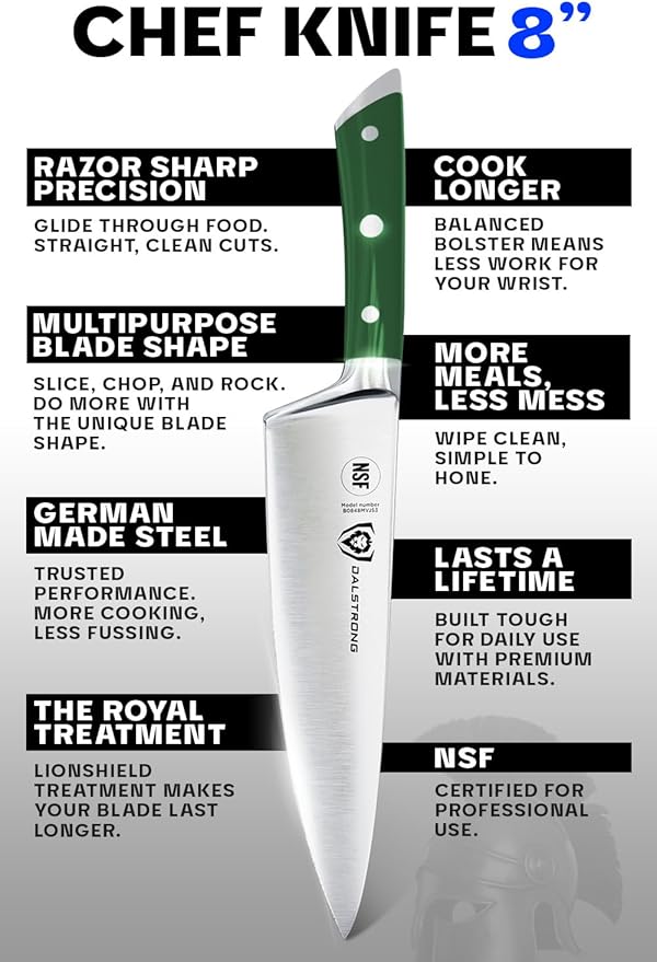 Dalstrong Chef Knife - 8 inch Blade - Gladiator Series - Forged High Carbon German Steel - Razor Sharp Kitchen Knife - Professional Full Tang Knives - Army Green Handle ABS - Sheath - NSF Certified