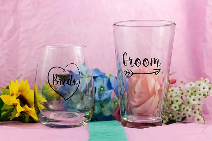 Cute Wedding Gifts - Bride and Groom Novelty Wine Glass and Beer Glass Combo - Engagement Gift for Couples