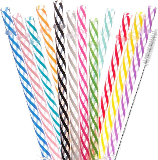 Dakoufish 12 Piece 8 Inch Reusable Plastic Thick Drinking Straws BPA Free Mason Jar Straws Transparent Small Stripe (8inch, Mix 12color)