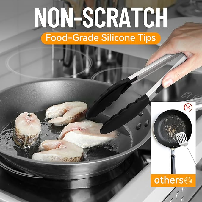 HOTEC Premium 7 & 9 Inch Kitchen Tongs, Stainless Steel Locking Cooking Tongs with Silicone Tips, Non-Scratch & Heat Resistant, Serving Tongs for Salad, BBQ, Black, Set of 2