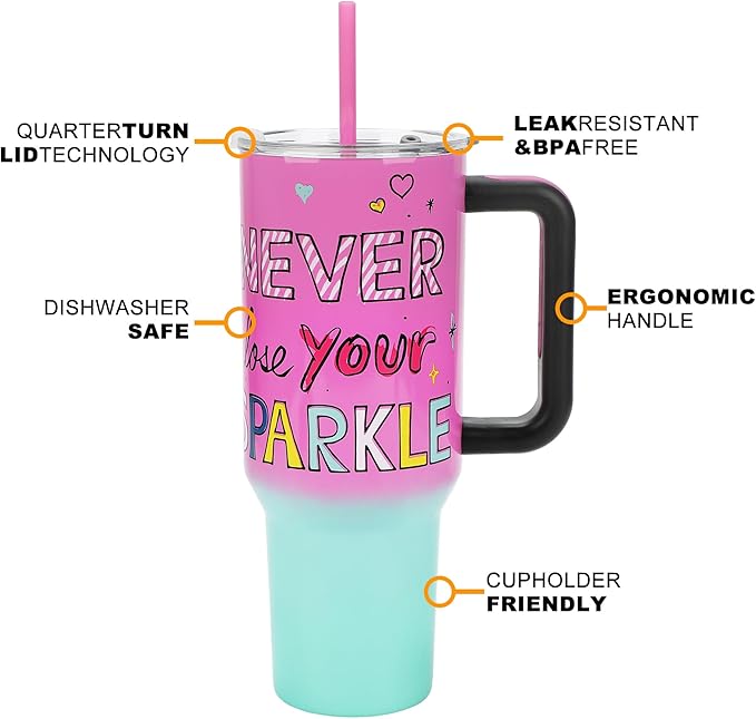 Bioworld Hello Kitty “Never Lose Your Spark” Vacuum Insulated 40 Oz. Pink & Green Ombre Stainless Steel Tumbler with Leak-Proof Lid & Easy Carry Handle for Travel or Home