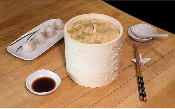 Helen's Asian Kitchen Bamboo Food Steamer with Lid - 100% Natural Bamboo - Basket Steamers for Cooking Dumplings, Dim Sum, Veggies, Fish, Meat - Preserve Nutrients & Flavors - 4-Inch, Set of 2