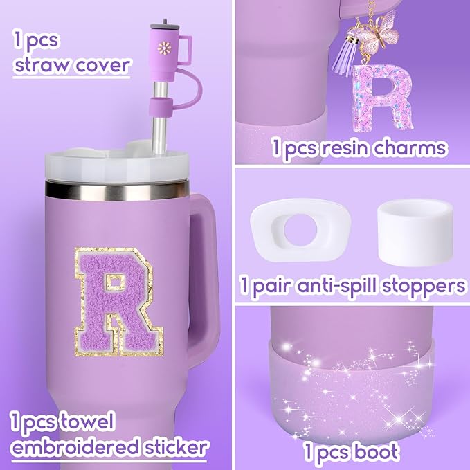 Mity rain 6PCS Cup Accessories Set for Stanley Cup 30oz 40oz tumbler with handle, Including Silicone Straw Topper Cover Cap and Boot, Spill Proof Stopper, Handle Charm, Initials Sticker (Letter R)