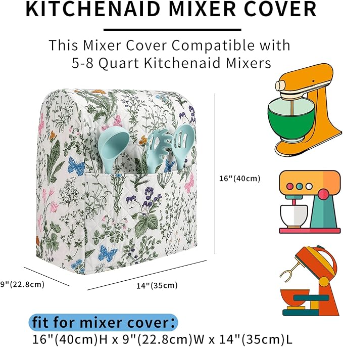 Stand Mixer Cover,Floral and Plants Kitchen Mixer Cover Compatible With 5-8Qt Kitchenaid Hamilton Mixers,Spring Summer Kitchen Decor,Kitchen Aid Mixer Covers,Pioneer Woman Kitchen Aid Mixer Assecories