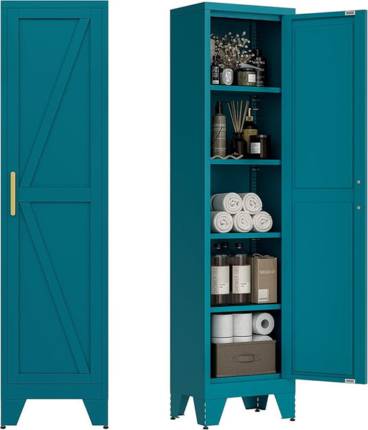 67" Tall Narrow Bathroom Metal Storage Cabinet with 4 Adjustable Shelves, Freestanding 5 Tier Slim Pantry Storage Cabinet for Small Space, Peacock