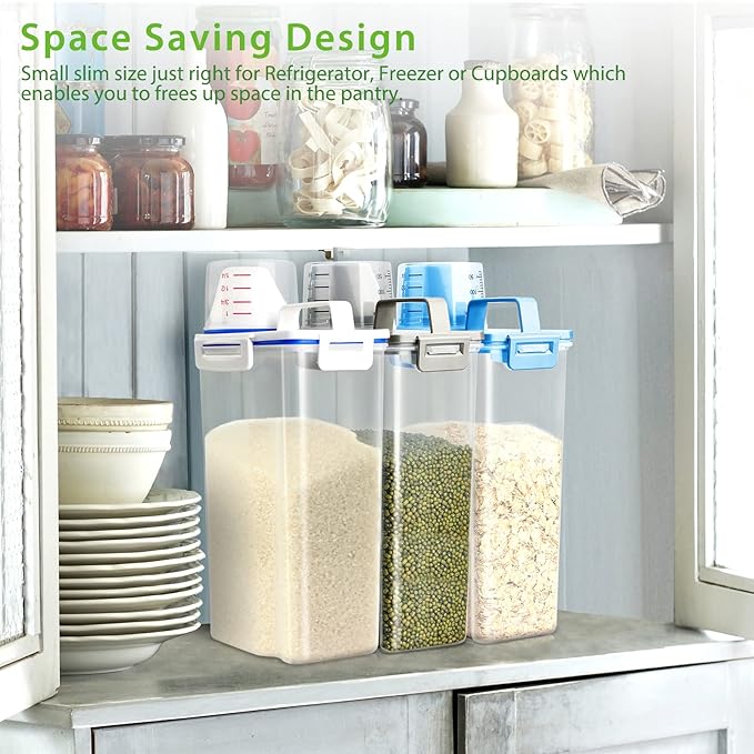 Rice Airtight Storage Container, 3 to 5Lbs Cereal Dry Food Flour Bin, Pet Dog Cat Food Dispenser with Measuring Cup, BPA Free Clear Plastic Kitchen and Pantry Organization Bin for Sugar, Pasta