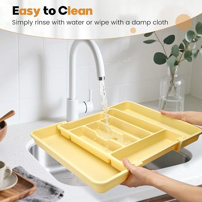 Caperci Large Silverware Organizer for Kitchen Drawer & Utensils - Expandable Drawer Organizer for Cutlery, Flatware & Gadget, BPA-Free Thick Plastic, Wider Compartments & Non-skid Feet (Desert Sand)