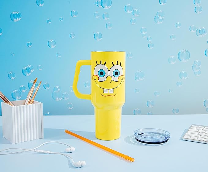 Silver Buffalo SpongeBob SquarePants Stainless Steel Tumbler with Handle, Fits in Standard Cup Holder, 40 Ounces