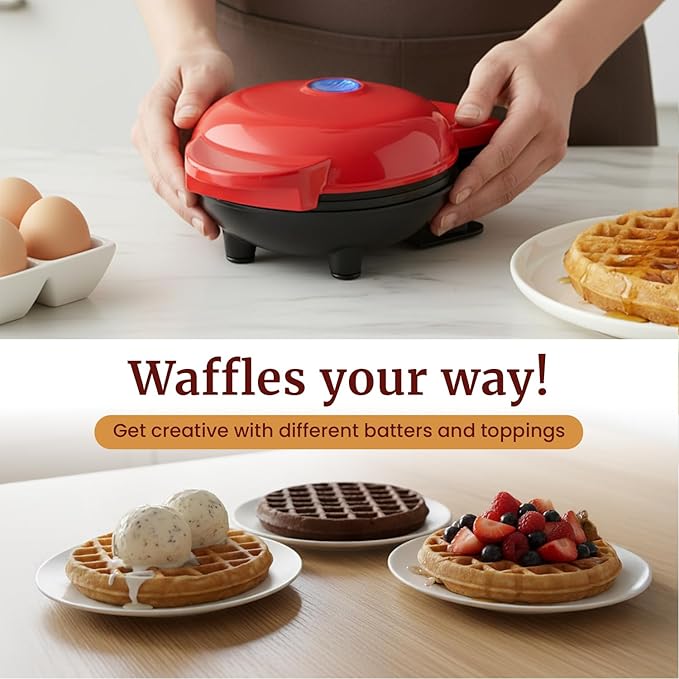 Elite Gourmet EWM015R Electric Nonstick 4.5-inch Mini Waffle Maker, Belgian Waffles, Compact Design, Hash Browns, Keto, Snacks, Sandwich, Eggs, Easy to Clean, Red