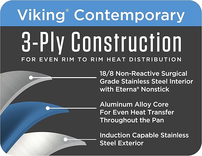 Viking 3-Ply Stainless Steel Roasting Pan with Non Stick Rack, 16 x 13 Inch Kitchen Cookware, Great for Turkey, Dishwasher and Oven Safe, Induction Ready, Silver