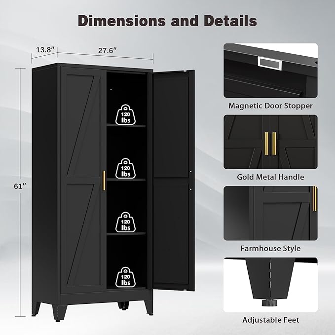 61" Tall Metal Pantry Cabinet, Kitchen Storage Cabinet with 2 Doors and 3 Adjustable Shelves for Kitchen, Living Room, Dining Room, Bathroom and Home, Office (Black, 61" H)
