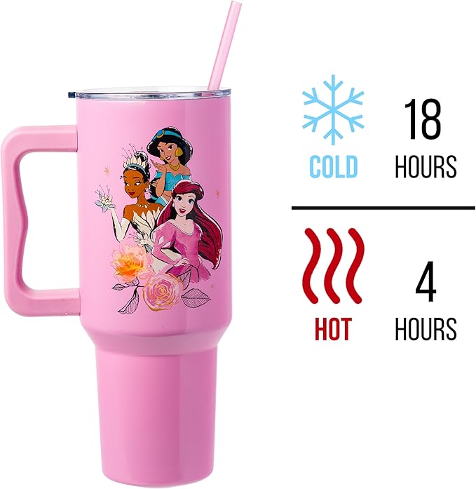 Silver Buffalo Disney Princess Featuring Cinderella, Mulan, Belle, Ariel, Tiana, and Jasmine Stainless Steel Tumbler with Handle and Straw, Fits in Standard Cup Holder, 40 Ounces