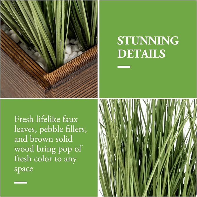 MyGift Artificial Green Grass Plants Trio in Rustic Burnt Solid Wood Planter - Image 2