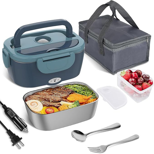 Vabaso Electric Lunch Box Food Heater, 80W Electric Heating Lunch Boxes Lunch for Adults/Men/Car/Truck/Work, 1.5L Removable 304 Stainless Steel Container, 110V/12V/24V, with Fork & Spoon