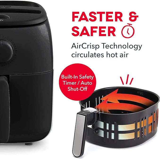 DASH Tasti-Crisp™ Electric Air Fryer Oven, 2.6 Qt., Black – Compact Air Fryer for Healthier Food in Minutes, Ideal for Small Spaces - Auto Shut Off, Analog, 1000-Watt