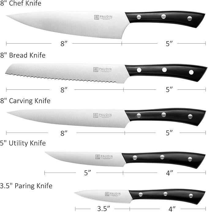 PAUDIN Kitchen Knife Set, 5 Pieces Knives Set for kitchen, Ultra Sharp Kitchen Knives, High Carbon Stainless Steel Knife Set, Precise Cutting with Ergonomic Handle
