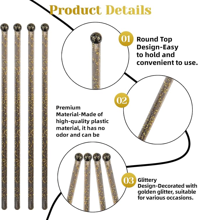 hapray 100 PCS Black Gold Glitter Plastic Swizzle Sticks, Crystal Cake Pops - Image 3
