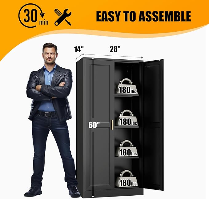 60" Tall Kitchen Storage Cabinet with 2 Doors, Metal Kitchen Pantry Cabinets with 3 Adjustable Shelves, Black Freestanding Food Cabinet, Large Cupboard for Office, Dining, Living Room,Hallway