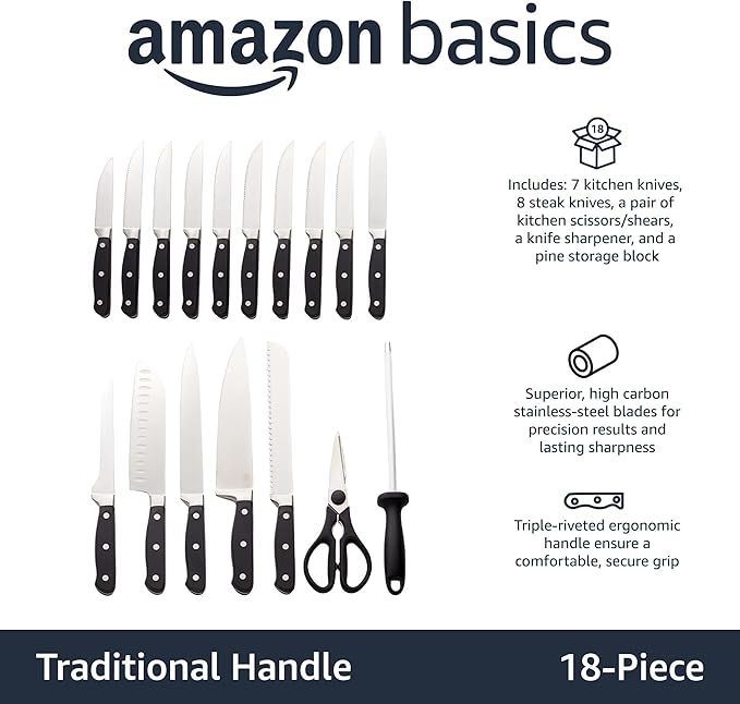 Amazon Basics 18 Pieces Premium High-Carbon Stainless Steel Blades with Pine Wood Knife Block Set,Kitchen, Black
