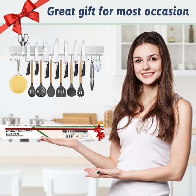 23 Inch Magnetic Knife Holder for Wall - Stainless Steel Magnet Knife Strip No Drill with 15 Hooks/Adhesive Tape/Screws, Kitchen Utensil Holder, Magnetic Knife Organizer, Wall Mounted Knife Storage