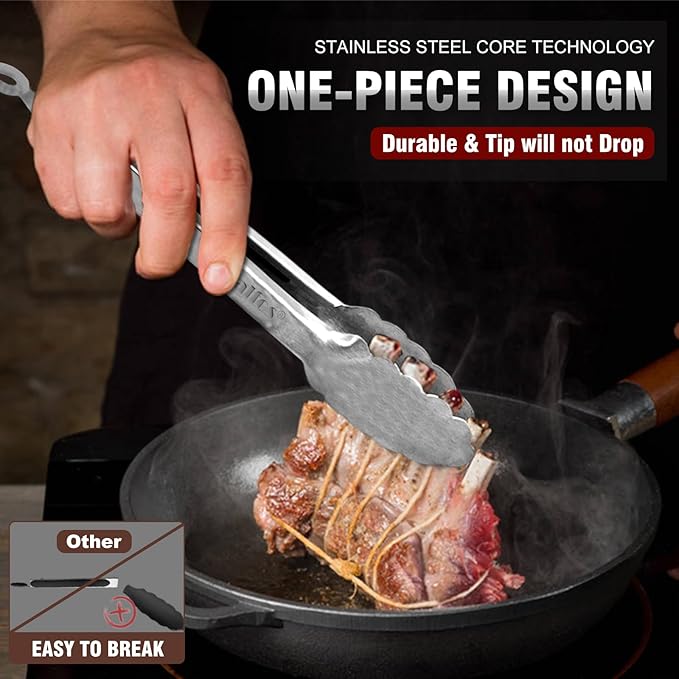 Walfos Kitchen Tongs for Cooking, 600℉ Heat Resistant Stainless Steel Tongs, All Metal Heavy Duty Tongs For Food ,BBQ Grilling - 7 ，9 and 12 Inch ,Set of 3