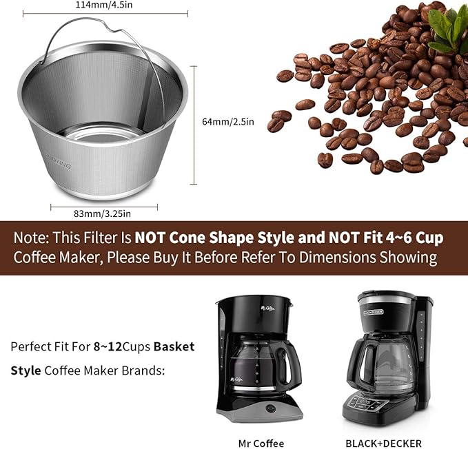 8-12 Cup Reusable Basket Permanent Coffee Filters, Perfect Fit 8-12 Cup Hamilton Beach Cuisinart Basket-Style Coffee Maker Filters (Hamilton Beach)