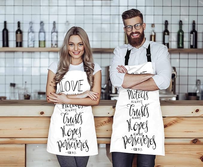 EKOBLA Bible Verse Aprons Love It Protect Always Trust Always Hopes Always Perseveres Waterproof Resistant Chef Cooking Kitchen BBQ Adjustable Aprons for Women Men 27x31 Inch