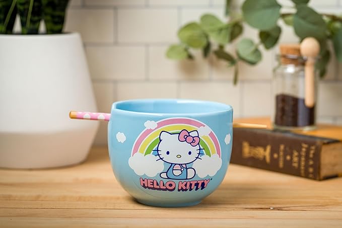 Silver Buffalo Hello Kitty Rainbow and Clouds Ceramic Ramen Noodle Rice Bowl with Chopsticks, Microwave Safe, 20 Ounces