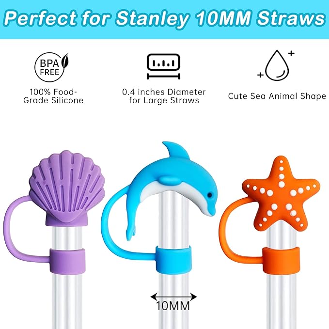 6PCS Cute Sea Animal Silicone Straw Cover Cap for Stanley 30&40 Oz Tumbler with Handle, 10mm Dust-Proof Reusable Straw Tips Lids