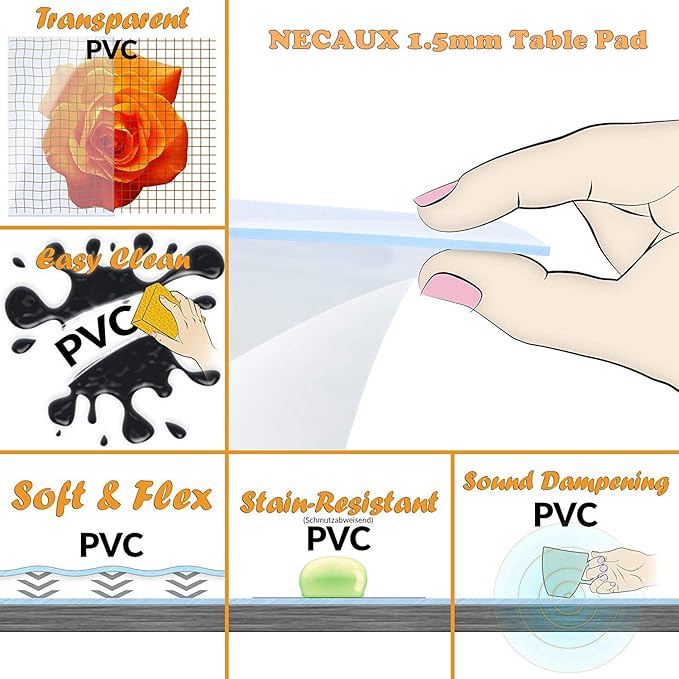 NECAUX Custom 60 x 96 Inch Clear Table Cover Protector, 1.5mm Thick Wood Grain Transparent Table Pad Non-Slip Tablecloth Plastic Protective Pad for 8 Foot Dining Room Table, Conference Table