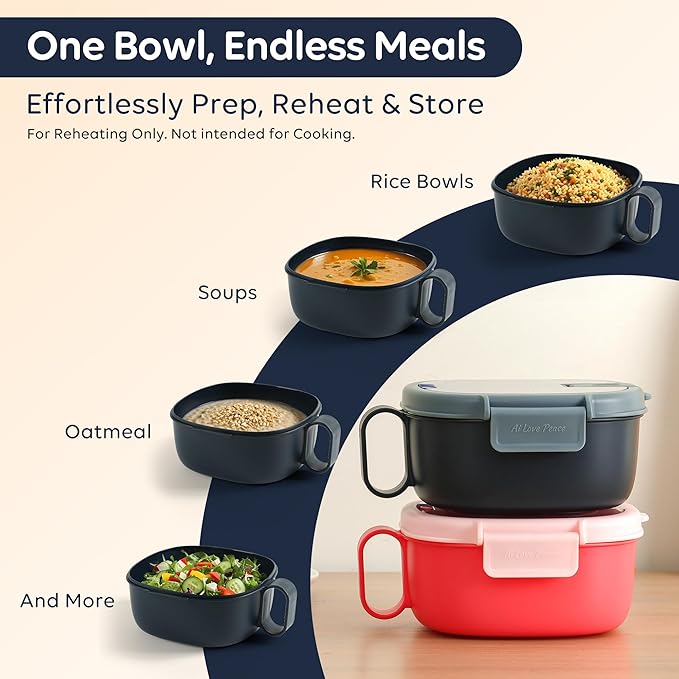 AI LOVE PEACE Microwavable Ramen Bowl with Lid - Leakproof Noodle Container with Built-In Utensils, BPA-Free, Dishwasher & Freezer Safe [Navy]