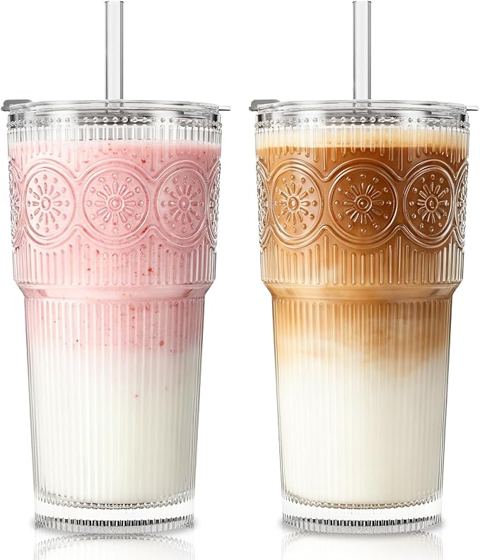 SoulTimes 20oz Ribbed & Floral Glass Tumbler Set of 2 – Reusable Glass Cups by SoulTimes