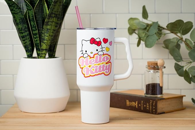 Silver Buffalo Sanrio Hello Kitty Name and Hearts Stainless Steel Tumbler with Handle and Straw, Fits in Standard Cup Holder, 40 Ounces