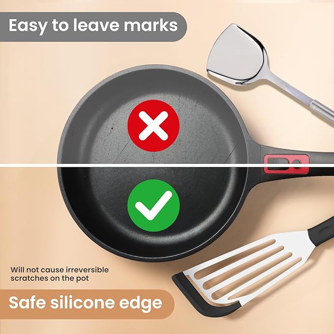 2Pack Silicone Fish Spatulas for Nonstick Cookware,Fish Turner Spatula Stainless Steel with Heat Resistant Silicone Edge,Metal Slotted Spatula for Flipping Fish Egg Patties Fries Pancake Steak (Black)