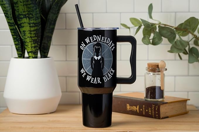 Silver Buffalo The Addams Family Wednesday On Wednesdays We Wear Black Stainless Steel Tumbler with Handle and Straw, Fits in Standard Cup Holder, 40 Ounces