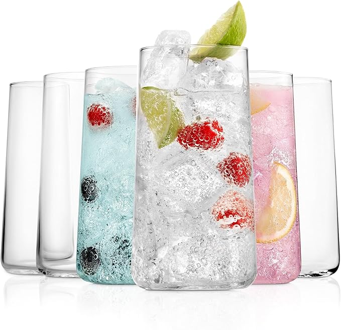 BENETI Modern Tall Drinking Glasses Set of 6 | Handmade In Europe | 18oz Premium Highball Crystal Glass Cups for Water and Juice