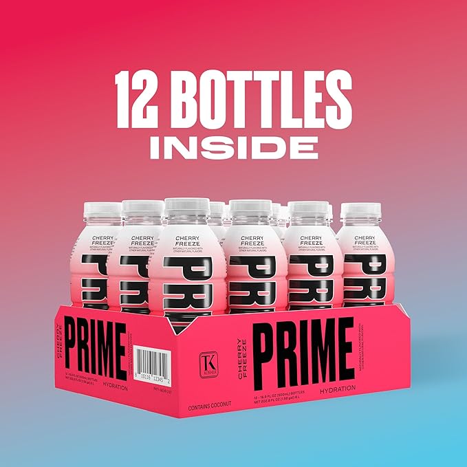 PRIME Hydration CHERRY FREEZE, Sports Drinks, Electrolyte Enhanced for Replenishing Fluids, 250mg BCAAs, B Vitamins, Antioxidants, Low Sugar, 16.9 Fl Oz, 12 Pack