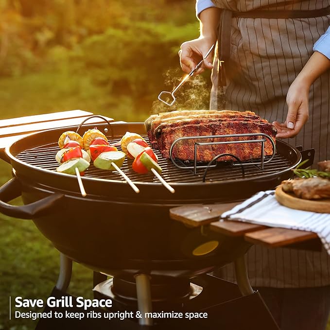 Sorbus Non-Stick Rib Rack - Porcelain Coated Steel Roasting Stand – Holds 4 Rib Racks for Grilling & Barbecuing - Perfect BBQ Accessories for Smoker and Grill - Durable and Convenient Design (Silver)