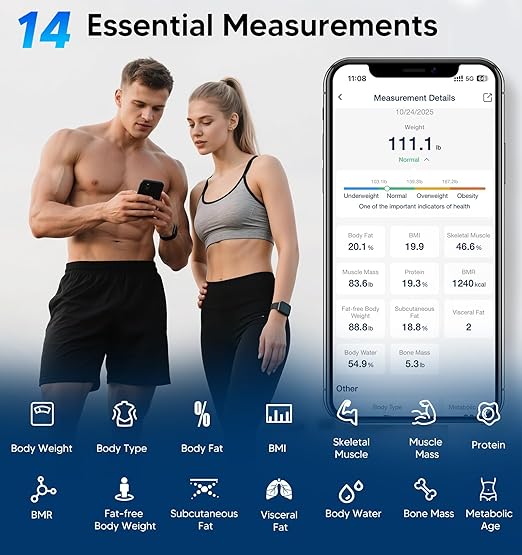 GE Smart Scale for Body Weight, BMI, Fat, Muscle Mass with 14 Metrics and All-in-one LCD Display, Digital Bathroom Scale Bluetooth Body Composition Analyzer with App, Accurate Weighing 400 lb Blue