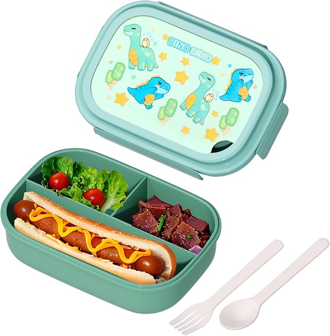 Bento Lunch Box with Kids & Children, Stackable Lunchbox Container with 3-Compartment, Durable for On-the-Go Meal, BPA-Free and Food-Safe Materials (Green)
