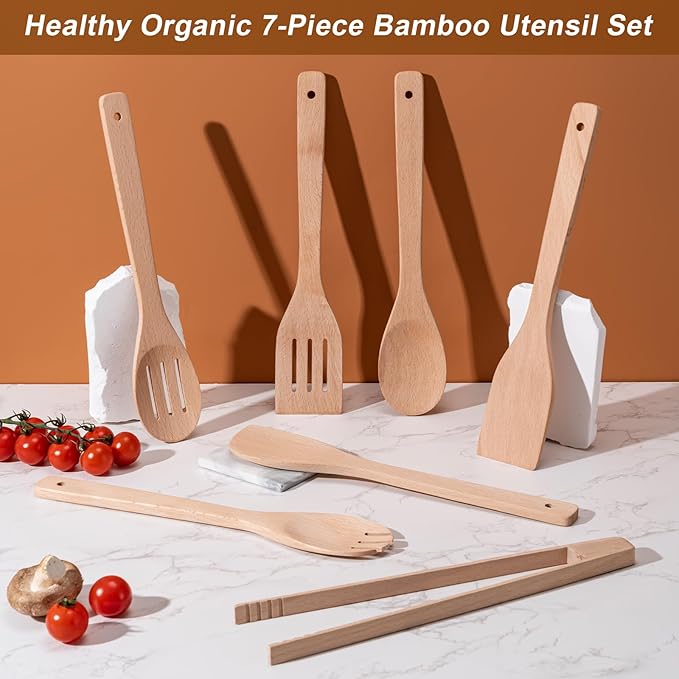 Wooden Spoons for Cooking 7-Piece, Kitchen Nonstick Wood Cooking Utensils Set, Durability Wooden Spatula Spoon for Everyday Use, Light Yellow