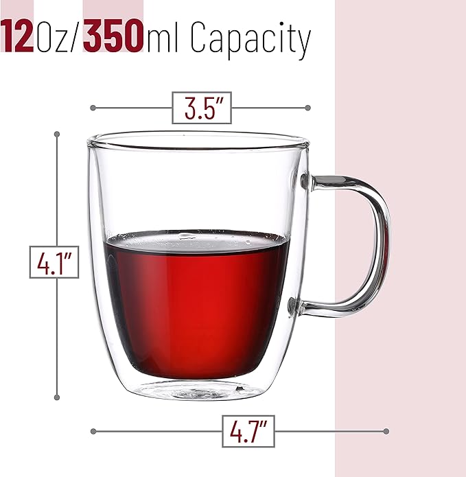 BTaT- Double Wall Glass Coffee Mugs, 12 oz, Set of 4, Clear Latte Cups, Insulated, Christmas Gifts