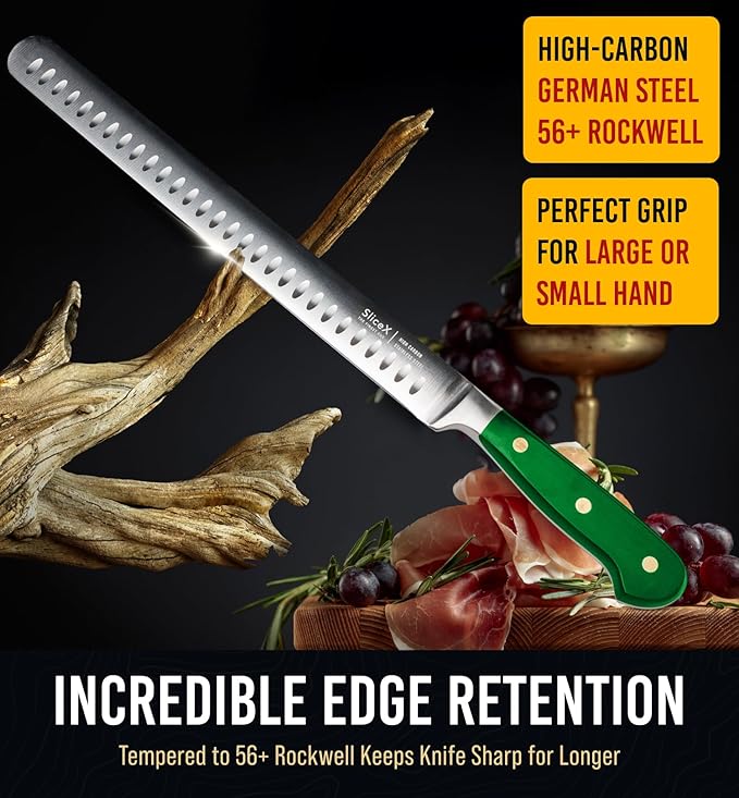 Classic Brisket Slicing Carving Knife – Gift for Dad From Wife, Son, Daughter - 12” Full Tang Meat Cutting and BBQ Knife – Razor Sharp German Steel with Ergonomic Handle - Green
