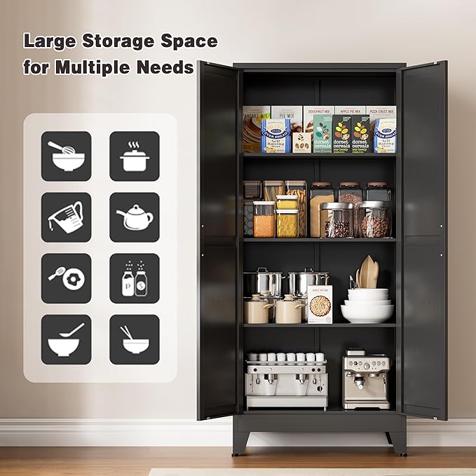 61" Tall Metal Pantry Cabinet, Kitchen Storage Cabinet with 2 Doors and 3 Adjustable Shelves for Kitchen, Living Room, Dining Room, Bathroom and Home, Office (Black, 61" H)
