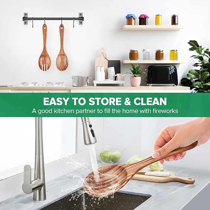 Wooden Spoons for Cooking, 2pcs Teak Salad Kit, Wooden Salad Servers, Wood Salad Serving Utensils Set, Wooden Salad Spoon Fork Set for Serving, Mixing, Tossing, Stirring,10.5″