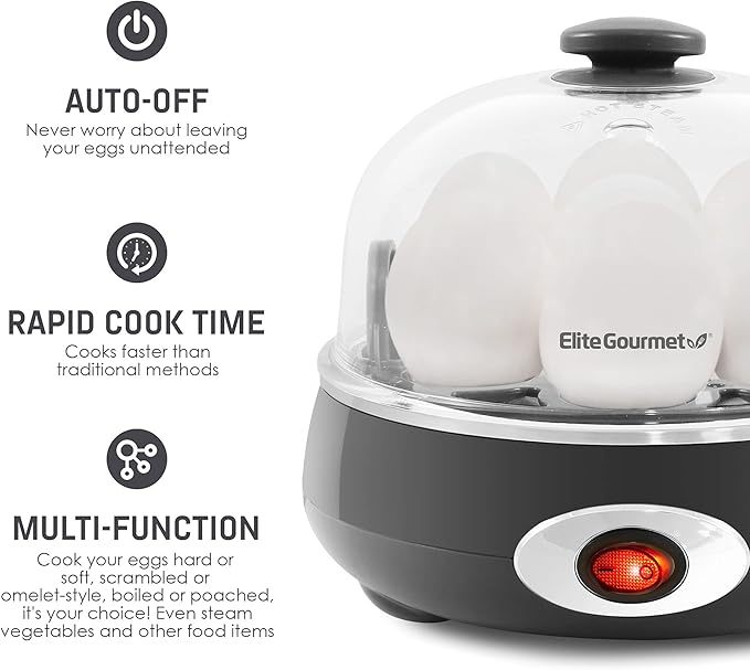 Elite Gourmet EGC007CHC# Rapid Egg Cooker, 7 Easy-To-Peel, Hard, Medium, Soft Boiled Eggs, Poacher, Omelet Maker, Auto Shut-Off, Alarm, 16-Recipe Booklet, Charcoal Grey