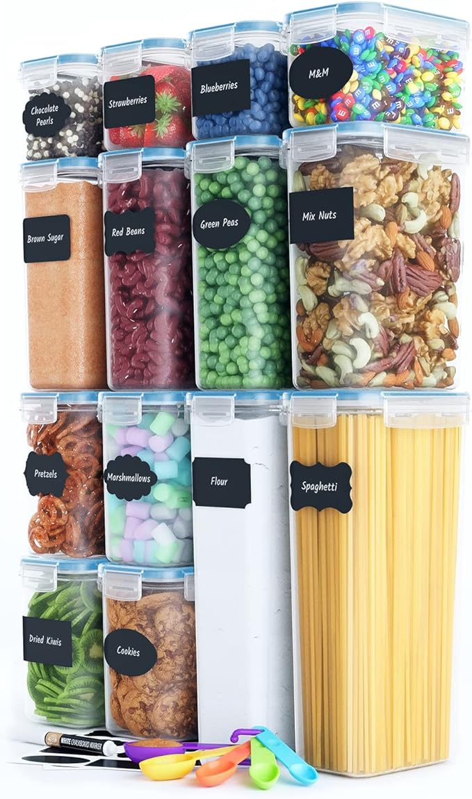 Airtight Food Storage Containers Set with Lids For Kitchen Organization 14 Pack - BPA Free Food Canisters With Labels, Marker & Spoon Set For Pantry Organization And Storage - Royal Blue