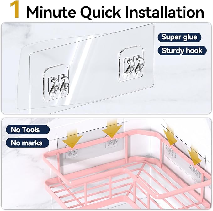 YASONIC Shower Caddy Corner, 3-Pack Adhesive Rustproof Stainless Steel Shower Shelves with Soap Holder, No Drilling Shower Organizer Corner for Dorm, Renters Bathroom, Pink